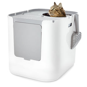 Modkat Extra large cat litter box with a cat in the top-entry port
