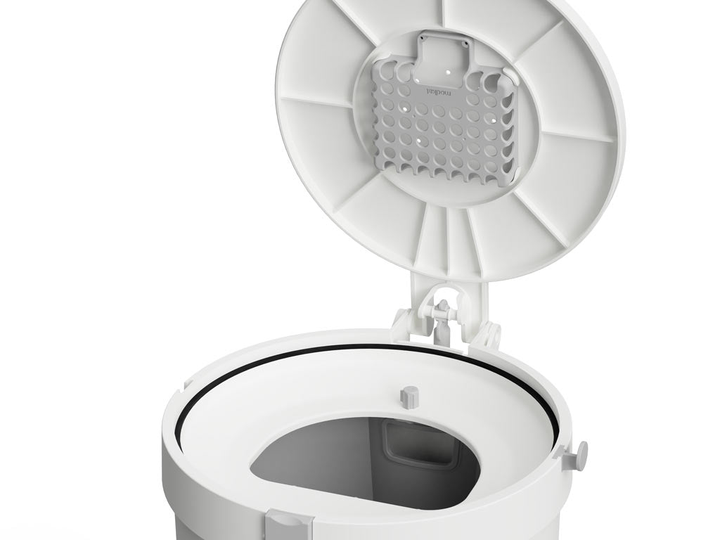 White cat litter bin with the lid open lid