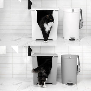 A cat walking out of a white and another cat walking out of a gray Cat Litter Bin