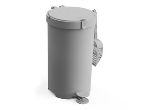 Gray cat litter bin with scooper on the side