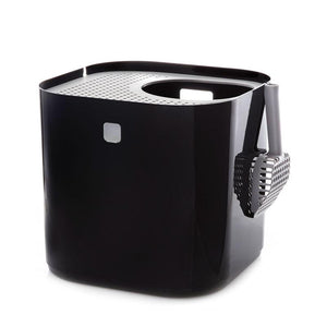 Modkat's top-entry litter box from the back Colored black