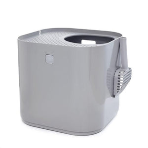Modkat's top-entry litter box from the back colored grey